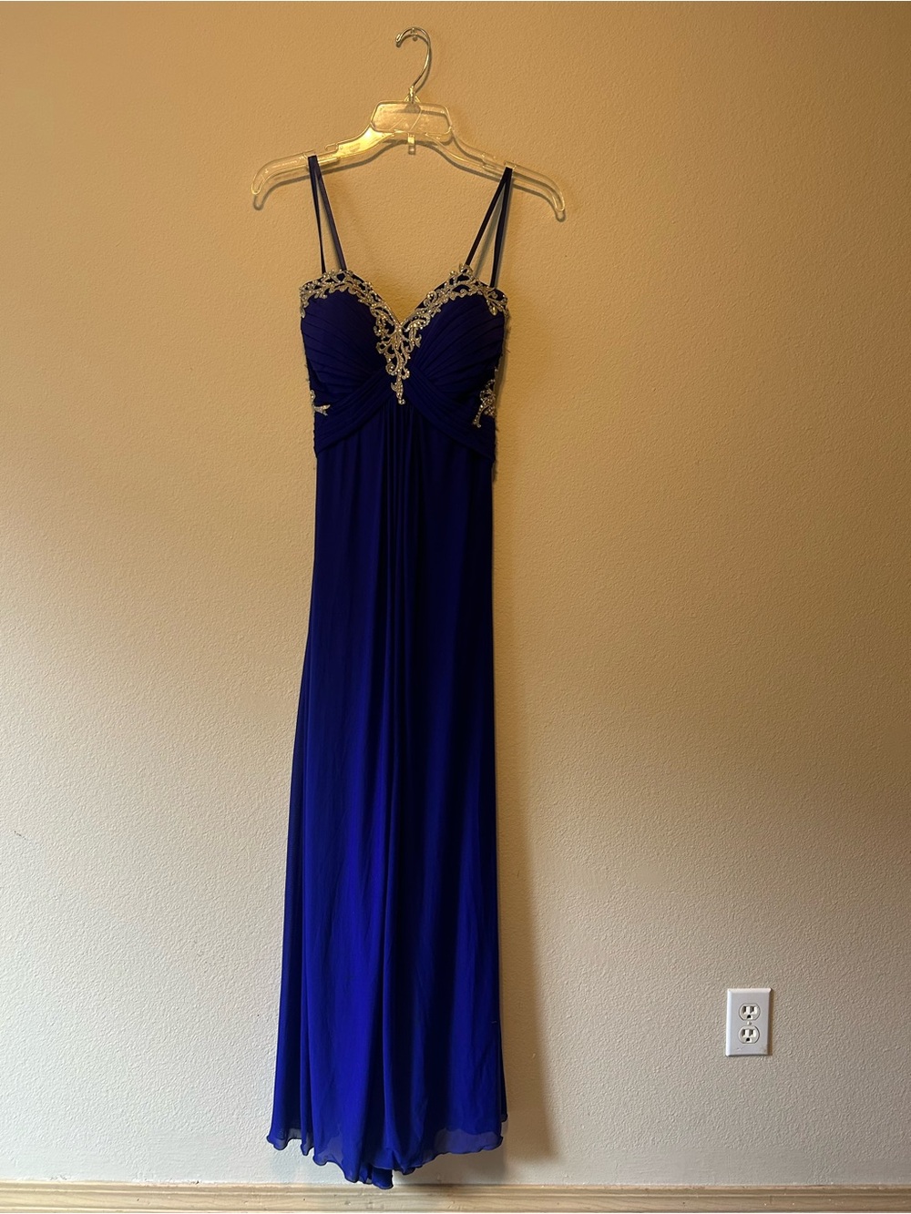 La Femme Royal Blue Maxi Dress with Gold Beaded Accents